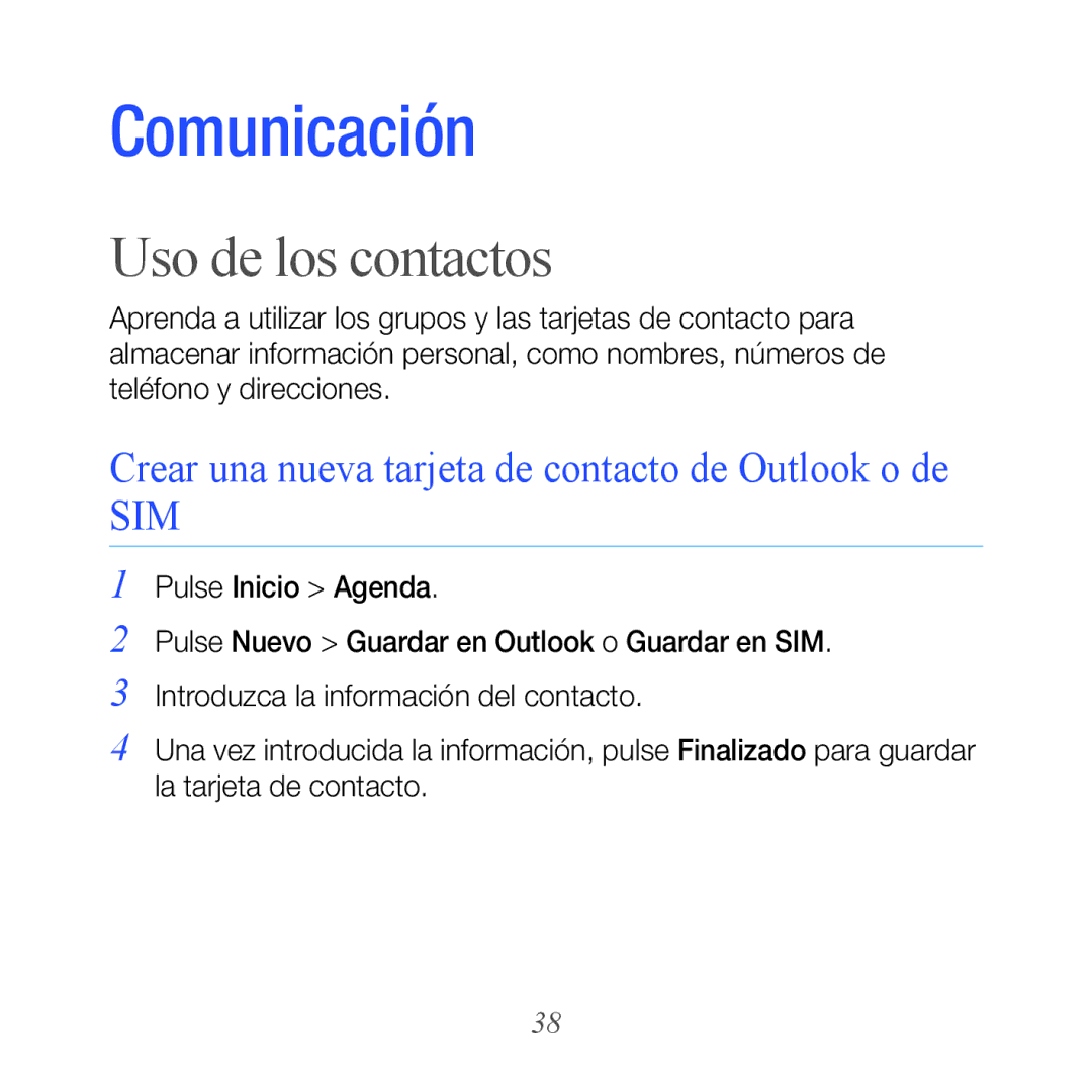 Samsung GT-B7300GRAFOP, GT-B7300XDAFOP manual Uso de los contactos, Crear una nueva tarjeta de contacto de Outlook o de 
