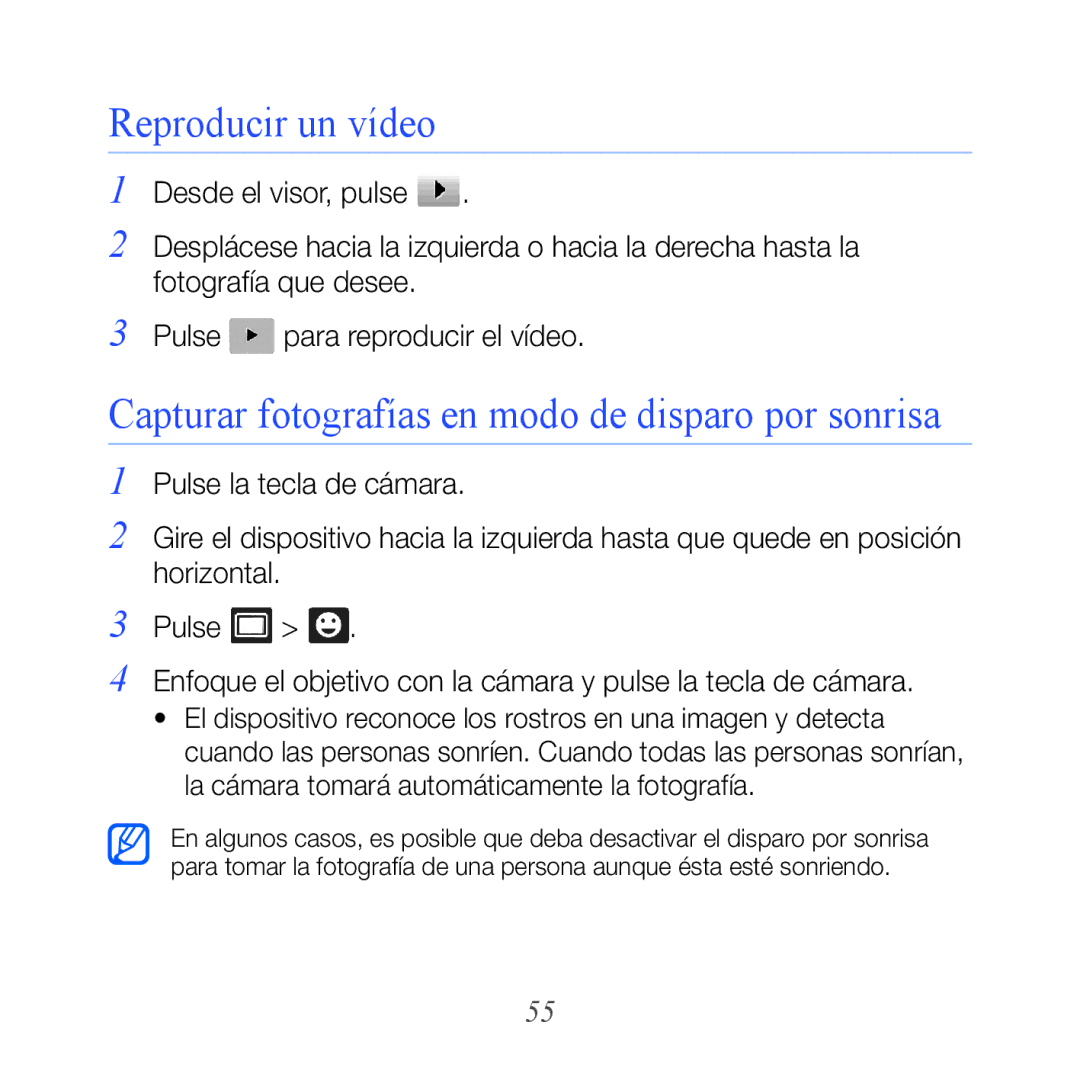 Samsung GT-B7300XDABIT, GT-B7300XDAFOP manual Reproducir un vídeo, Capturar fotografías en modo de disparo por sonrisa 