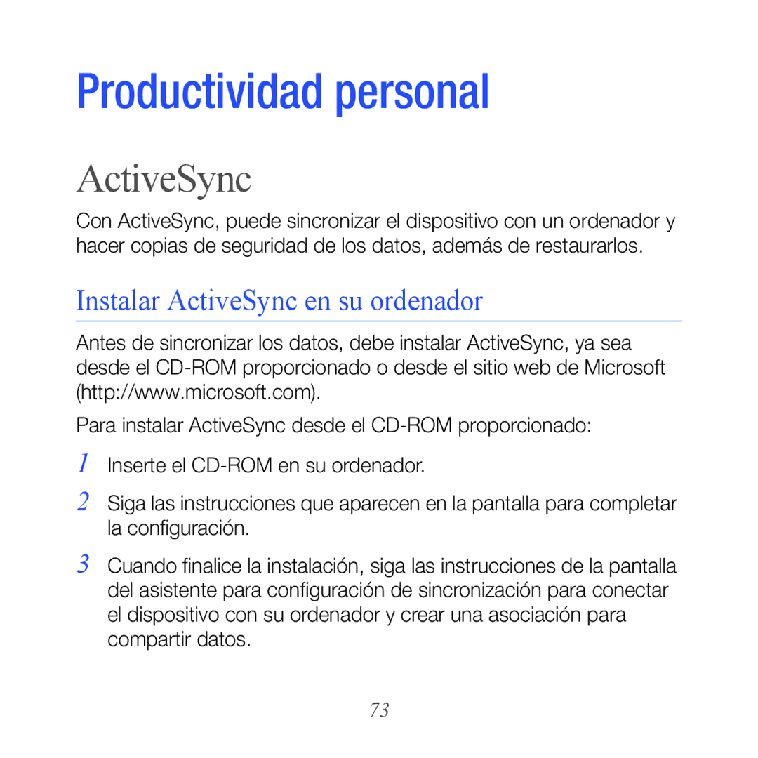 Samsung GT-B7300IKAAMN, GT-B7300XDAFOP, GT-B7300IKABIT, GT-B7300XDAAMN manual Instalar ActiveSync en su ordenador 