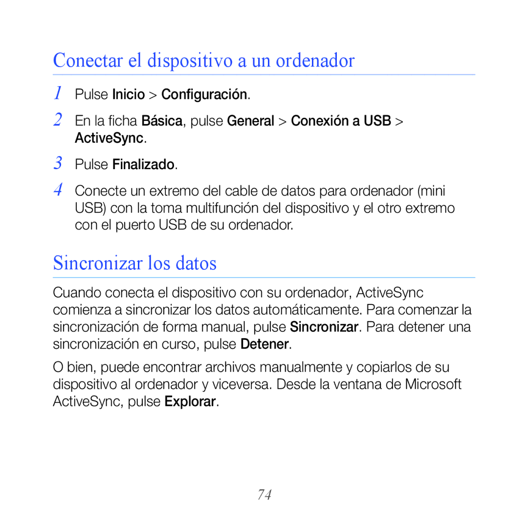 Samsung GT-B7300GRAXEC, GT-B7300XDAFOP, GT-B7300IKABIT manual Conectar el dispositivo a un ordenador, Sincronizar los datos 