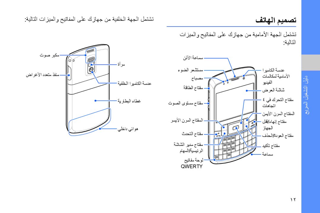 Samsung GT-B7320ENAKEN, GT-B7320ENAECT manual فتاهلا ميمصت, تازيملاو حيتافملا ىلع كزاهج نم ةيماملأا ةهجلا لمتشت ةيلاتلا 