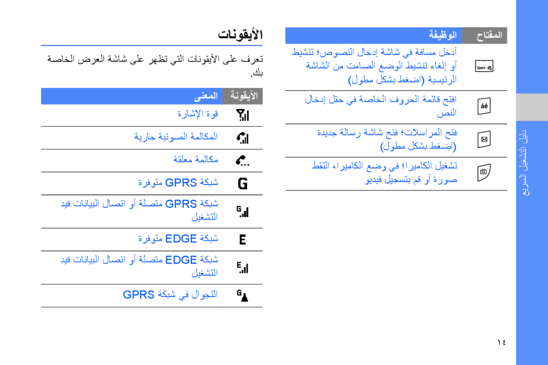 Samsung GT-B7320TAAPAK, GT-B7320ENAECT, GT-B7320TAAKEN, GT-B7320TAATHR, GT-B7320ENAEGY manual تانوقيلأا, ىنعملا ةنوقيلأا 