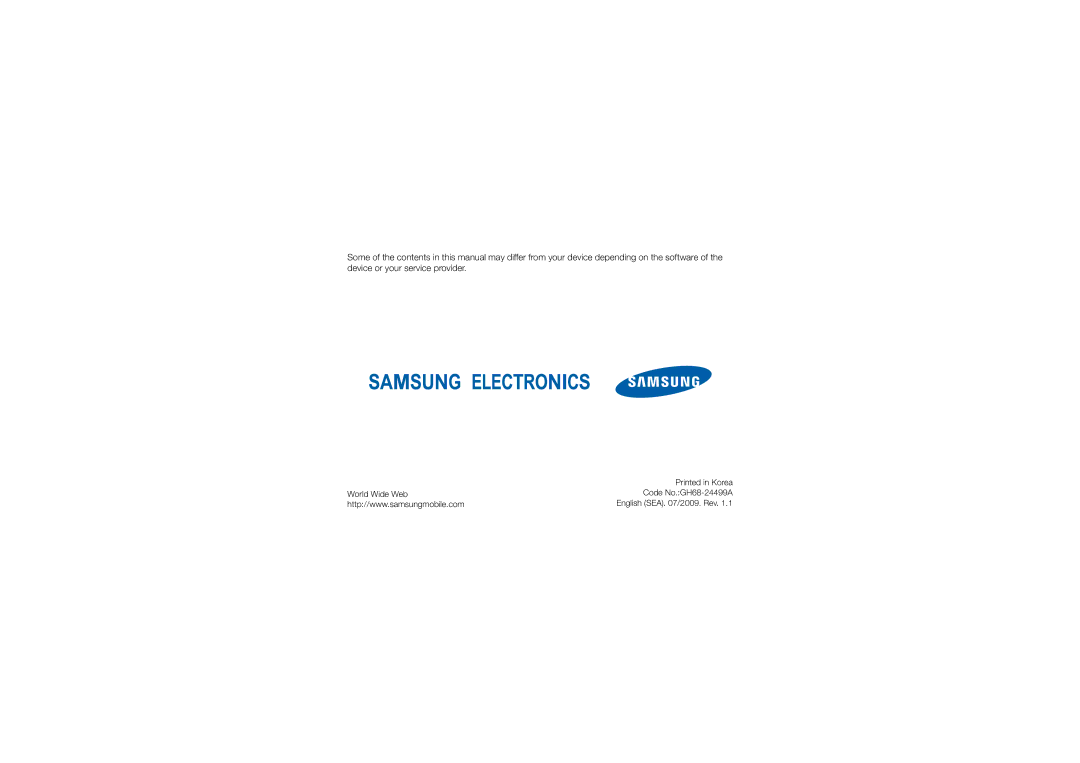 Samsung GT-B7320TAAKEN, GT-B7320ENAECT, GT-B7320TAATHR, GT-B7320ENAEGY, GT-B7320ENAPAK manual English SEA /2009. Rev 