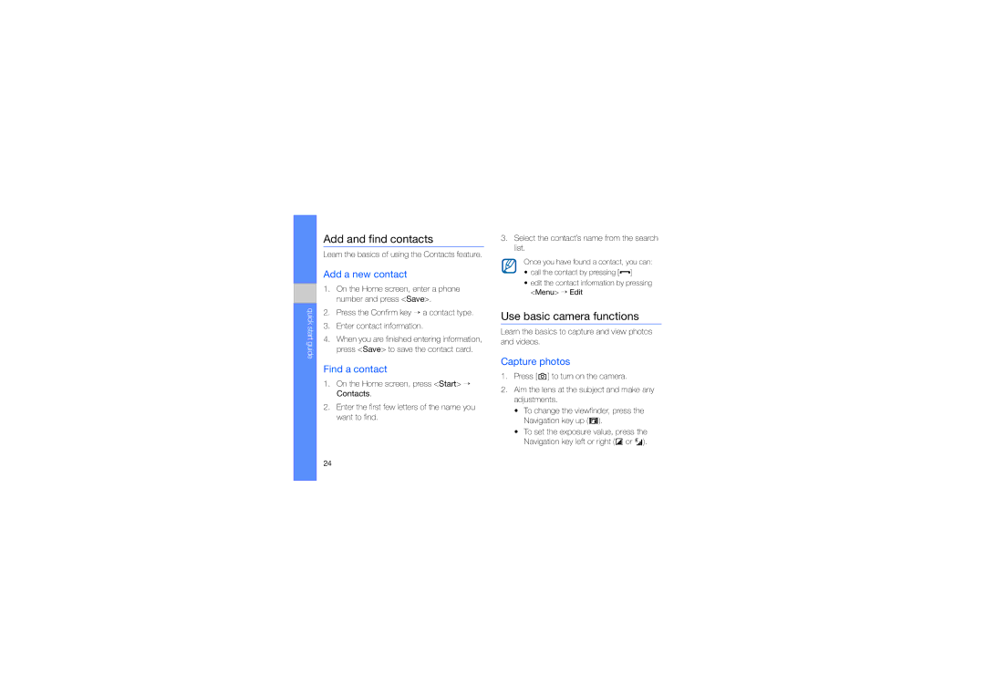 Samsung GT-B7320ENATHR manual Add and find contacts, Use basic camera functions, Add a new contact, Find a contact 