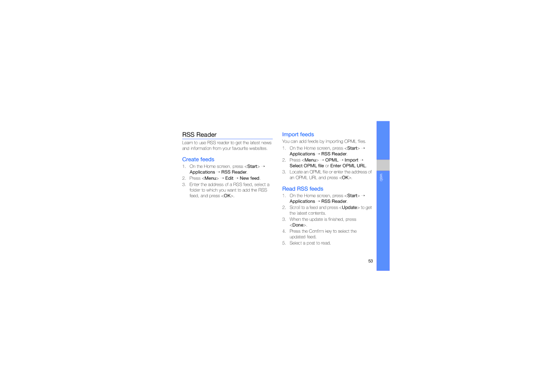 Samsung GT-B7320TAAXSG, GT-B7320ENAECT, GT-B7320TAAKEN manual RSS Reader, Create feeds, Import feeds, Read RSS feeds 