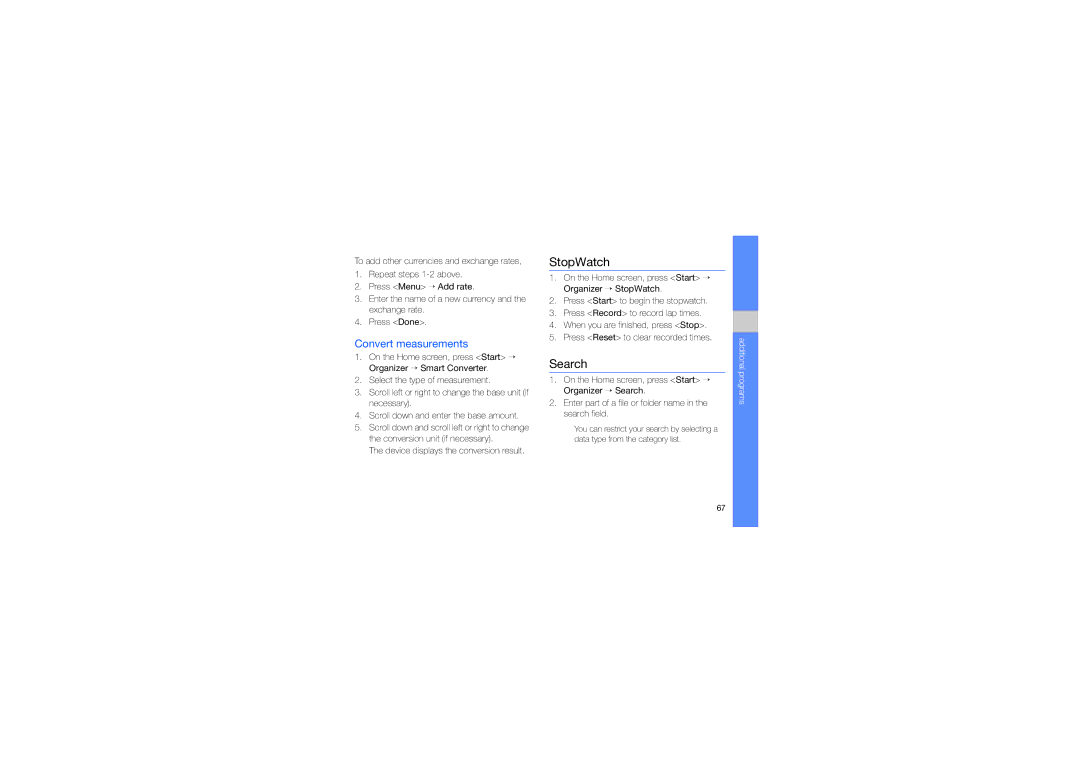 Samsung GT-B7320ENAECT, GT-B7320TAAKEN, GT-B7320TAATHR, GT-B7320ENAEGY manual StopWatch, Search, Convert measurements 