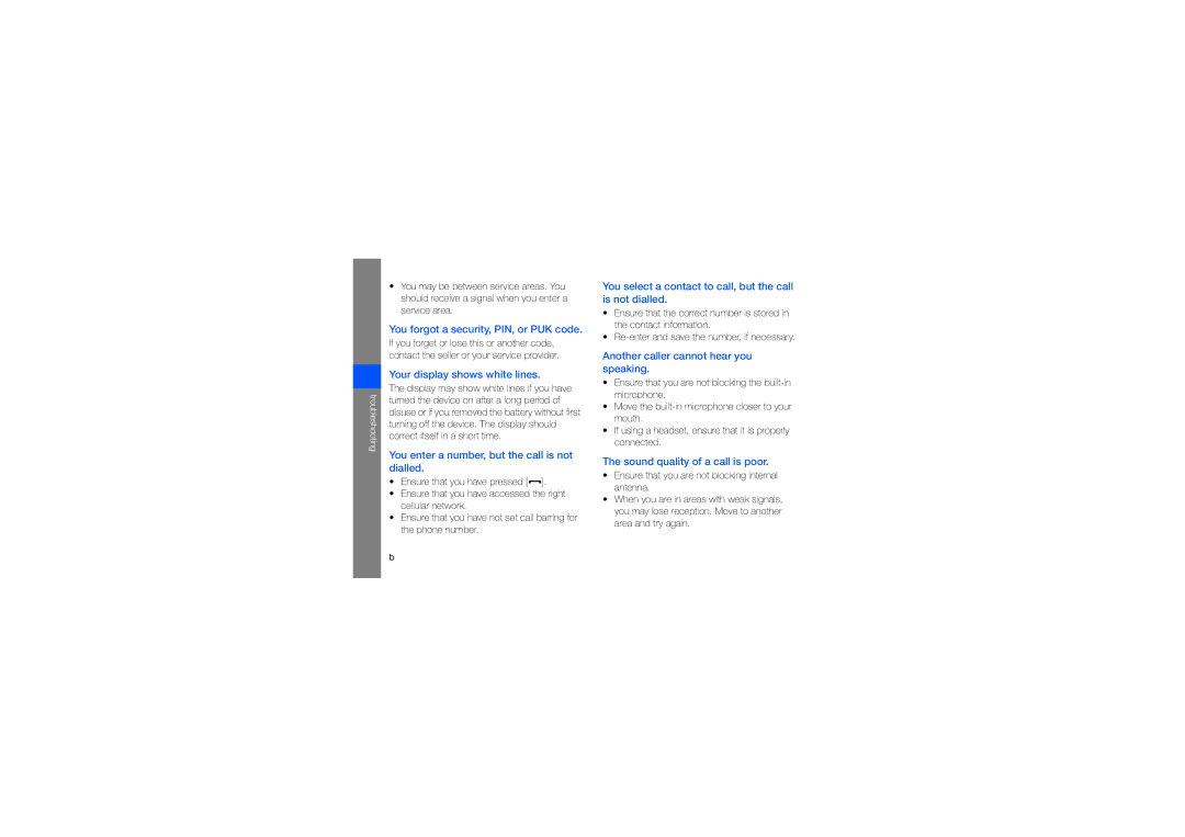 Samsung GT-B7320ENAKSA, GT-B7320ENAECT, GT-B7320TAAKEN, GT-B7320TAATHR manual Your display shows white lines, Troubleshooting 