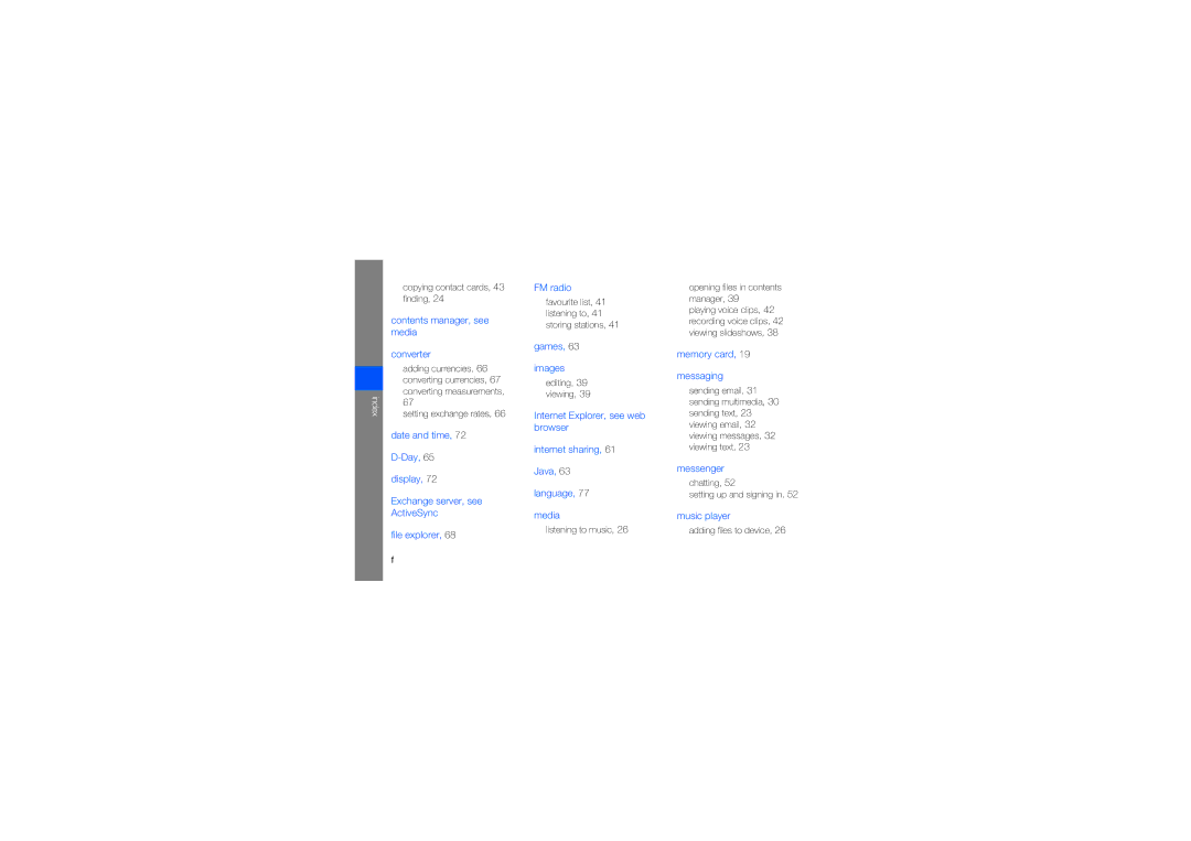 Samsung GT-B7320ENAKEN, GT-B7320ENAECT, GT-B7320TAAKEN, GT-B7320TAATHR manual Index, Contents manager, see media Converter 