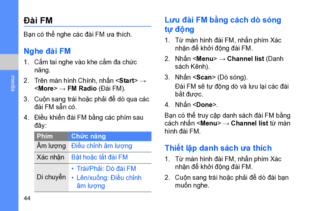 Samsung GT-B7320TAAXEV manual Đài FM, Nghe đài FM, Lưu đài FM bằng cách dò só́ng tự độ̣ng, Thiết lậ̣p danh sách ưa thích 