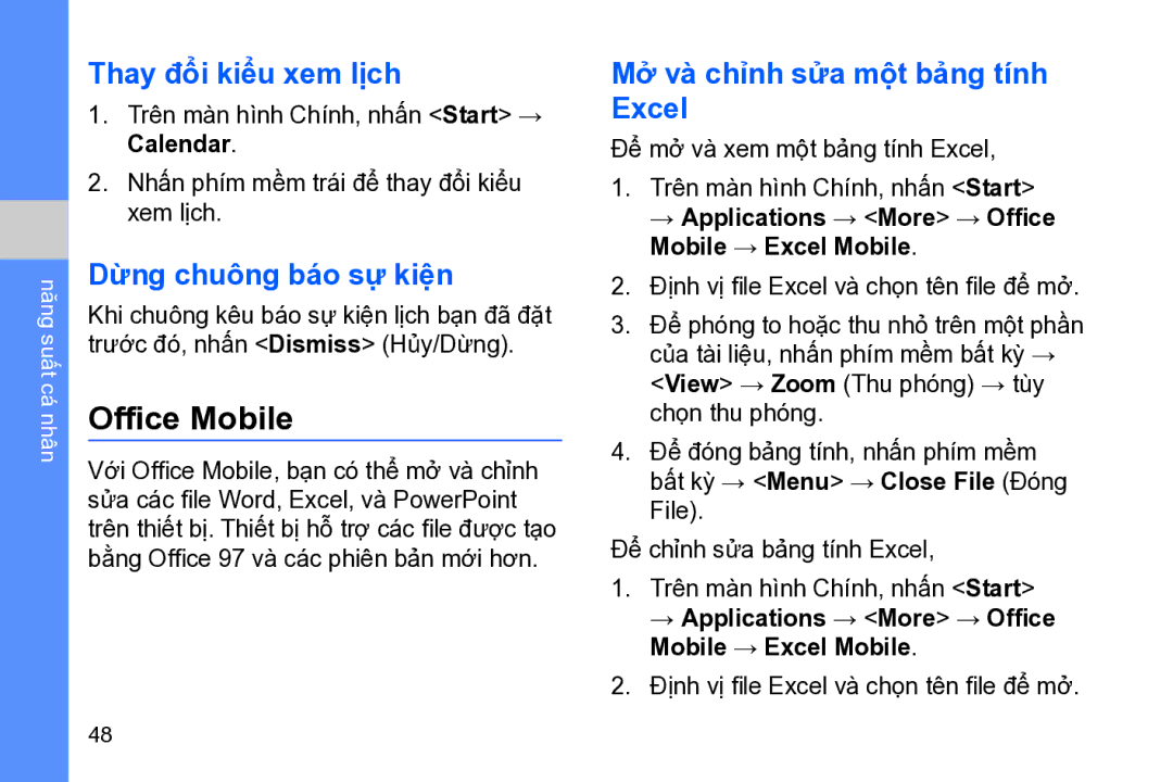 Samsung GT-B7320TAAXEV, GT-B7320ENAXEV manual Office Mobile, Thay đổi kiểu xem lị̣ch, Dừng chuông báo sự kiện, Calendar 