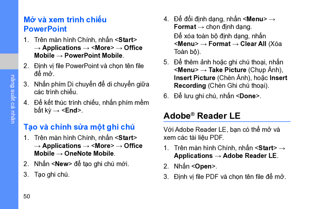 Samsung GT-B7320ENAXXV, GT-B7320ENAXEV Adobe Reader LE, Mở̉ và xem trình chiếu PowerPoint, Tạo và chỉnh sửa mộ̣t ghi chú́ 