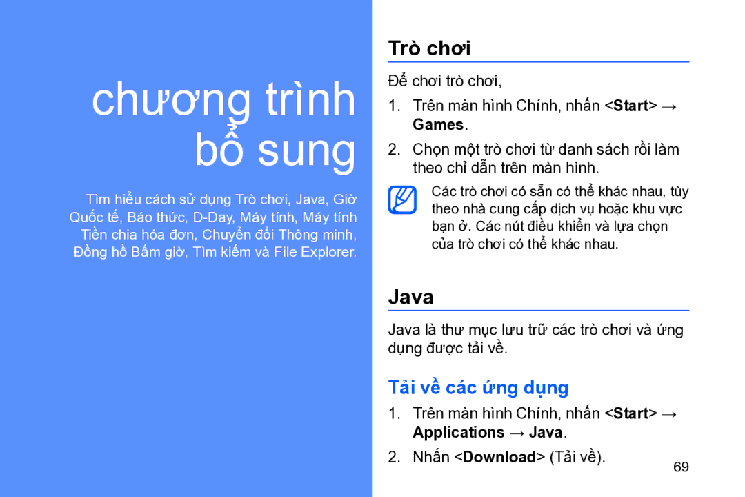 Samsung GT-B7320ENAXEV, GT-B7320ENAXXV, GT-B7320TAAXXV manual Tro chơi, Tải về các ứng dụng, Games, Applications → Java 