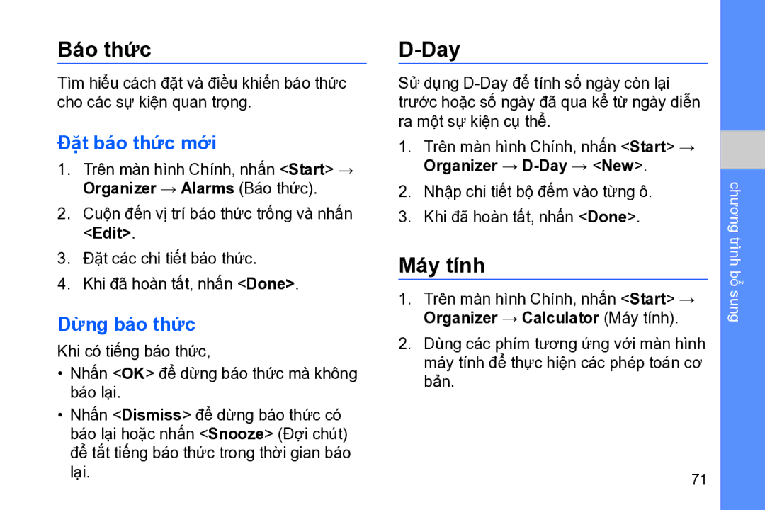 Samsung GT-B7320TAAXXV, GT-B7320ENAXEV, GT-B7320ENAXXV manual Báo thức, Day, Máy tính, Đặ̣t báo thức mới, Dừng báo thức 