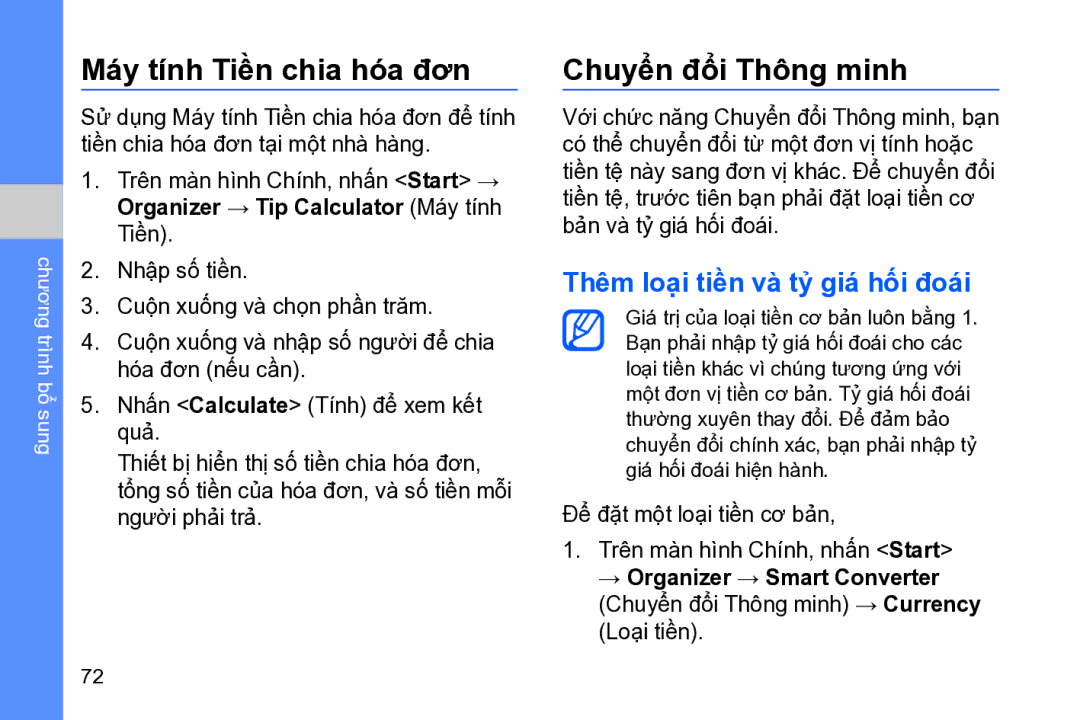 Samsung GT-B7320TAAXEV manual Máy tính Tiền chia hó́a đơn, Chuyển đổi Thông minh, Thêm loại tiền và tỷ giá hối đoái 