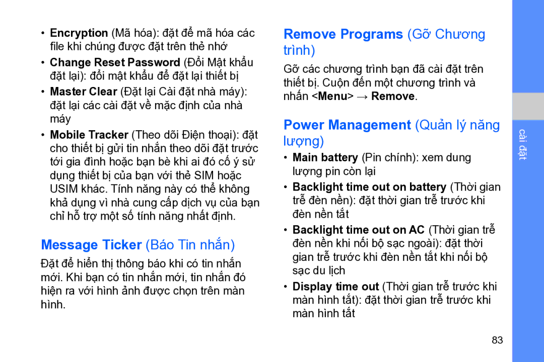 Samsung GT-B7320TAAXXV manual Message Ticker Báo Tin nhắn, Remove Programs Gỡ̃ Chương, Power Management Quản lý năng 