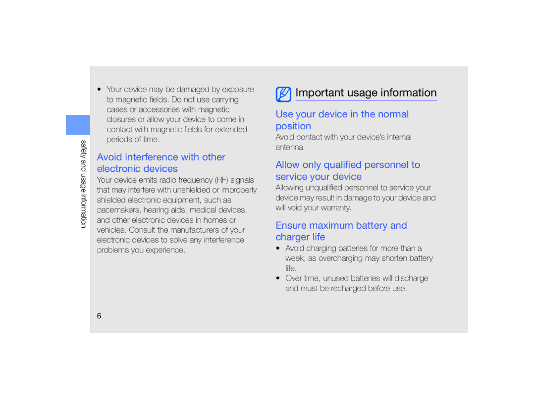 Samsung GT-B7330 user manual Important usage information, Avoid interference with other electronic devices 