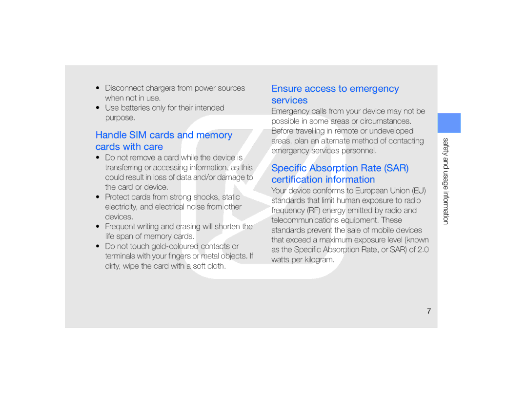 Samsung GT-B7330 user manual Handle SIM cards and memory cards with care, Ensure access to emergency services 