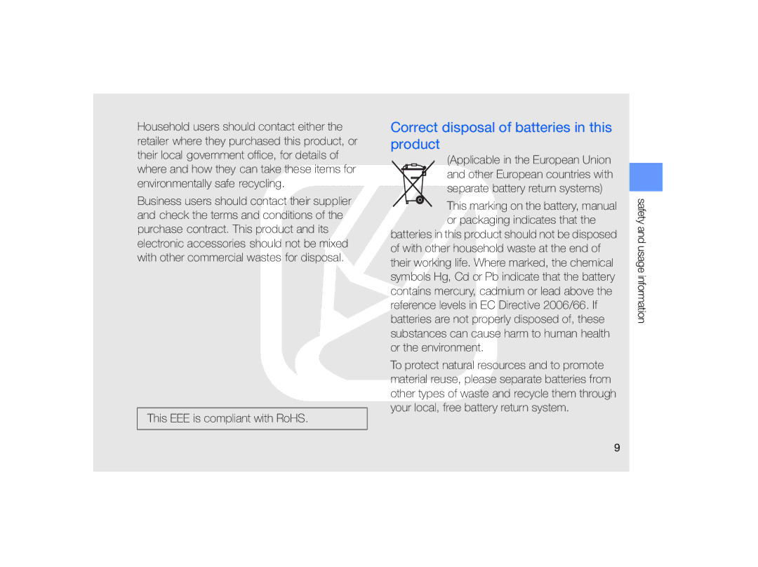 Samsung GT-B7330 user manual Correct disposal of batteries in this product 