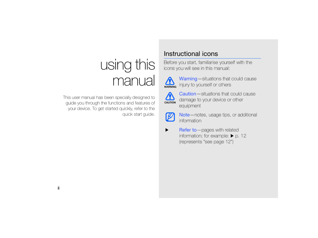 Samsung GT-B7330 user manual Using this manual, Instructional icons 