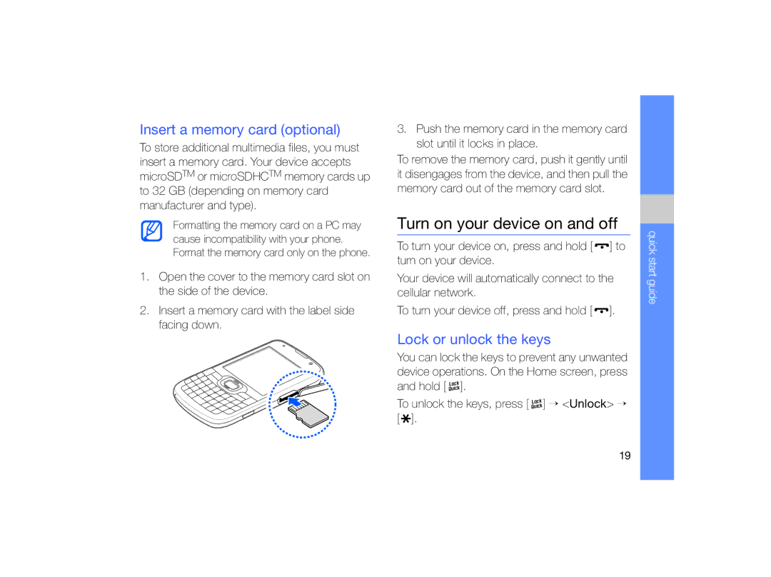 Samsung GT-B7330 user manual Turn on your device on and off, Insert a memory card optional, Lock or unlock the keys 