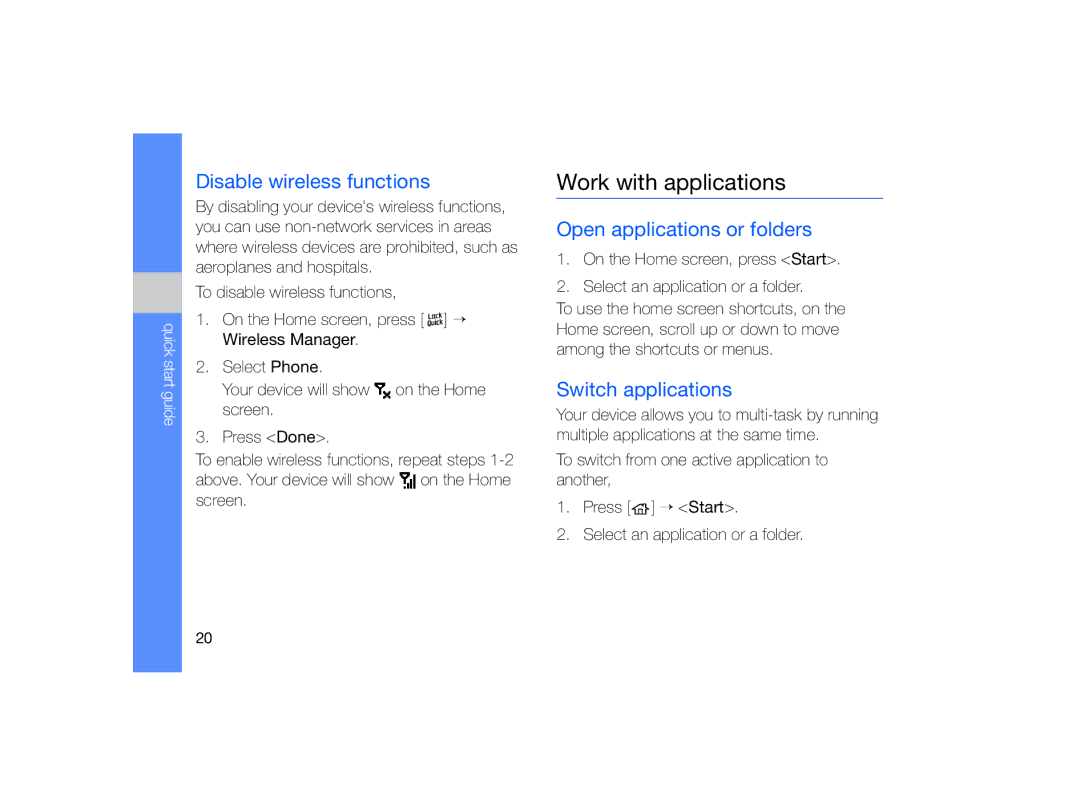 Samsung GT-B7330 Work with applications, Disable wireless functions, Open applications or folders, Switch applications 