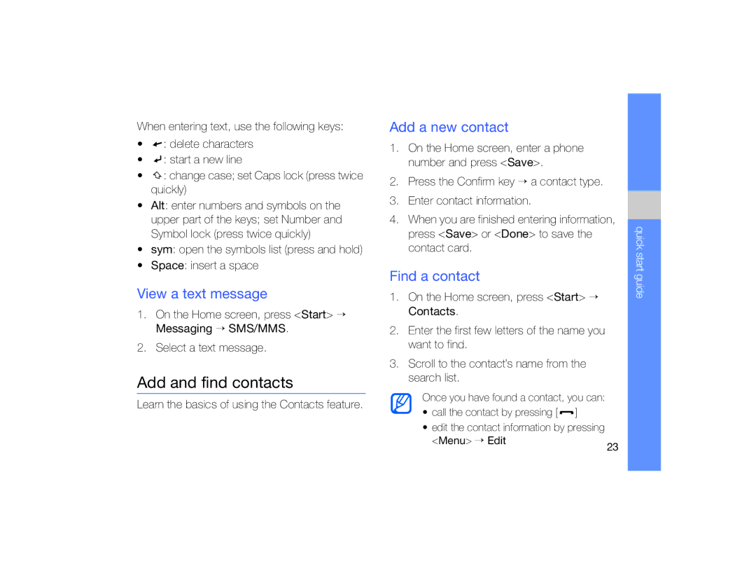 Samsung GT-B7330 user manual Add and find contacts, View a text message, Add a new contact, Find a contact 