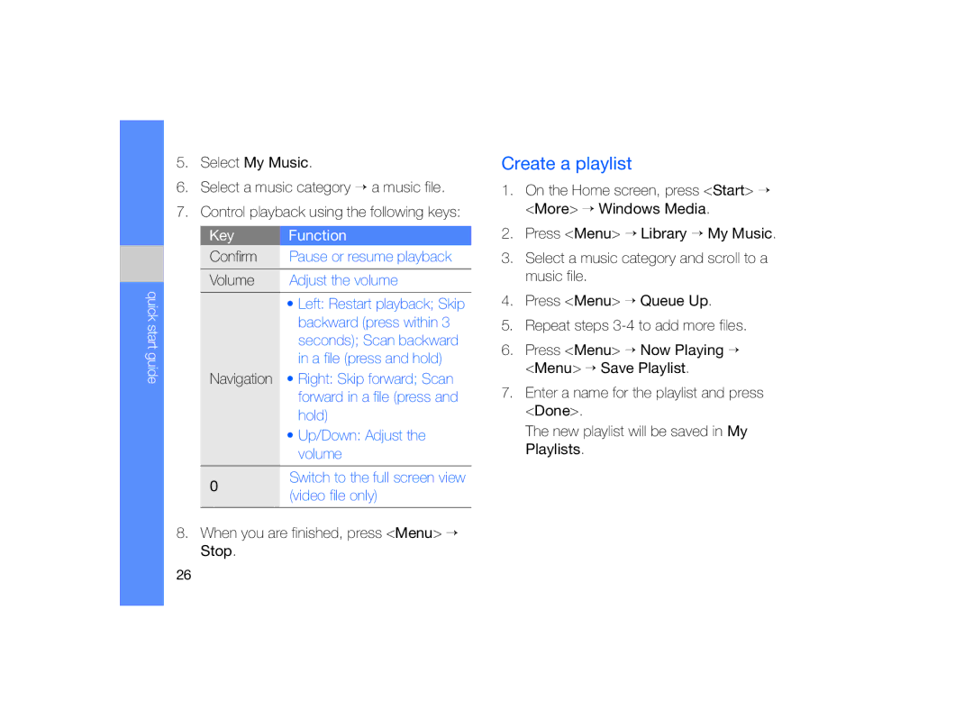 Samsung GT-B7330 user manual Create a playlist, Key Function Confirm, Volume 