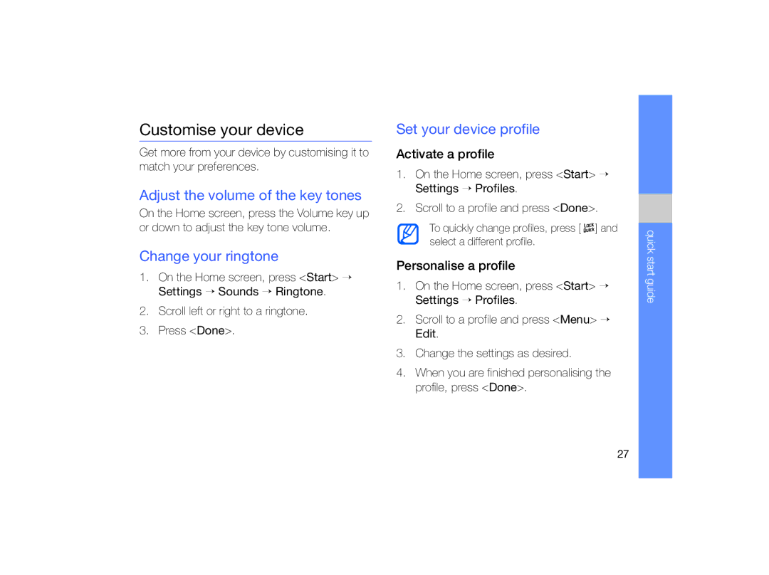 Samsung GT-B7330 Customise your device, Adjust the volume of the key tones, Change your ringtone, Set your device profile 