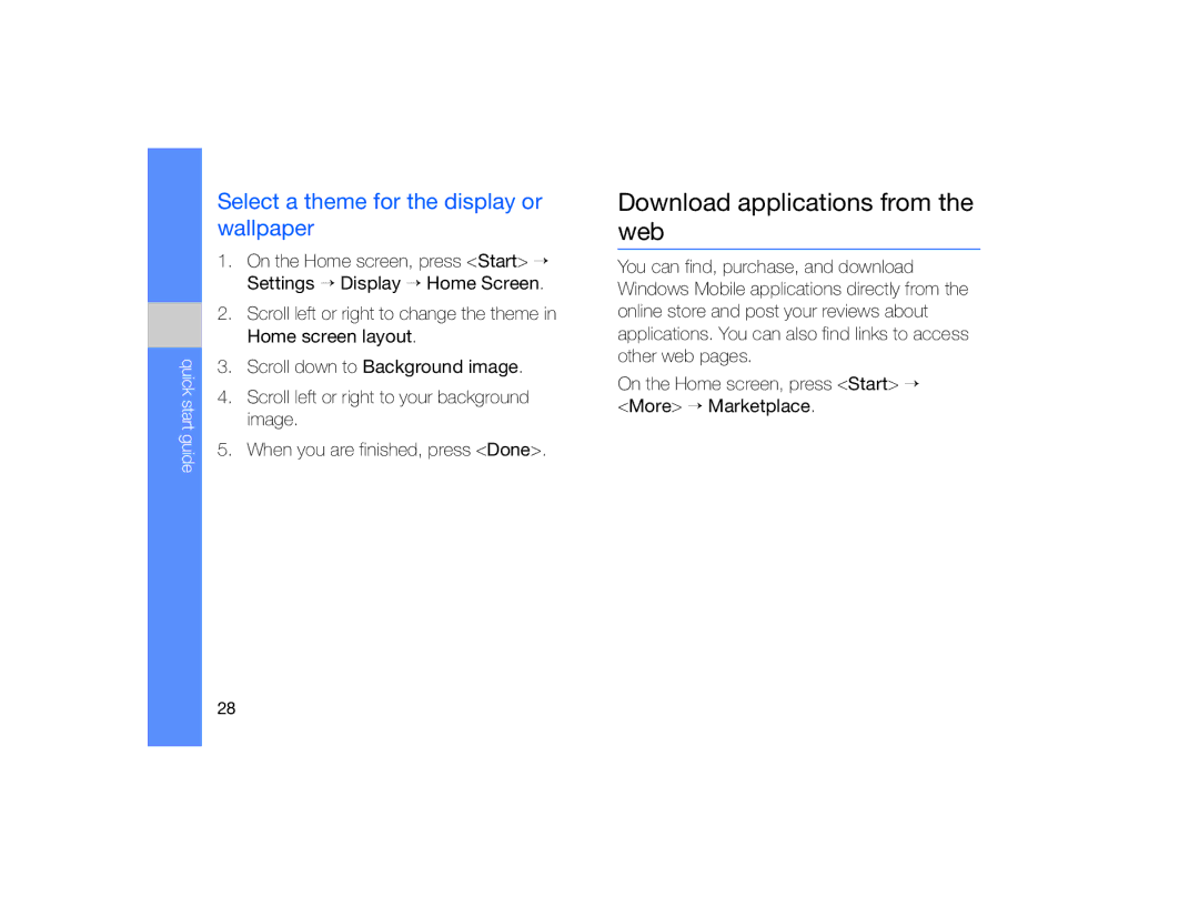 Samsung GT-B7330 user manual Download applications from the web, Select a theme for the display or wallpaper 