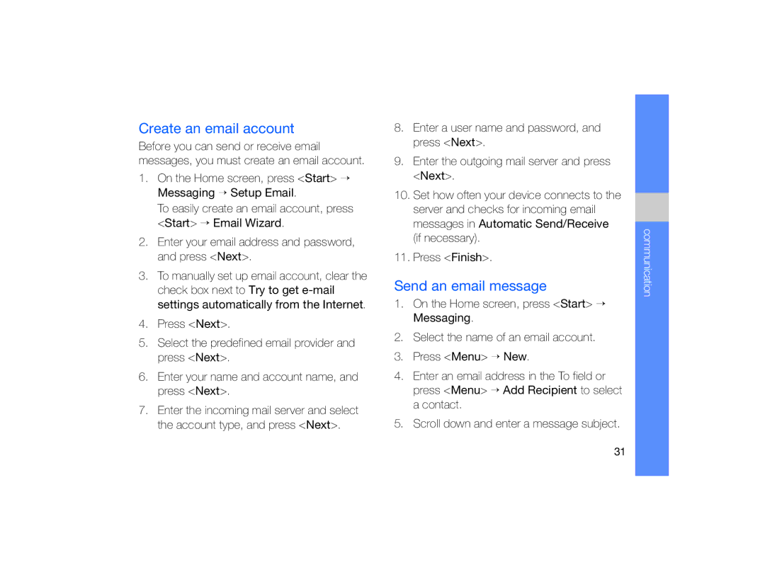 Samsung GT-B7330 user manual Create an email account, Send an email message 