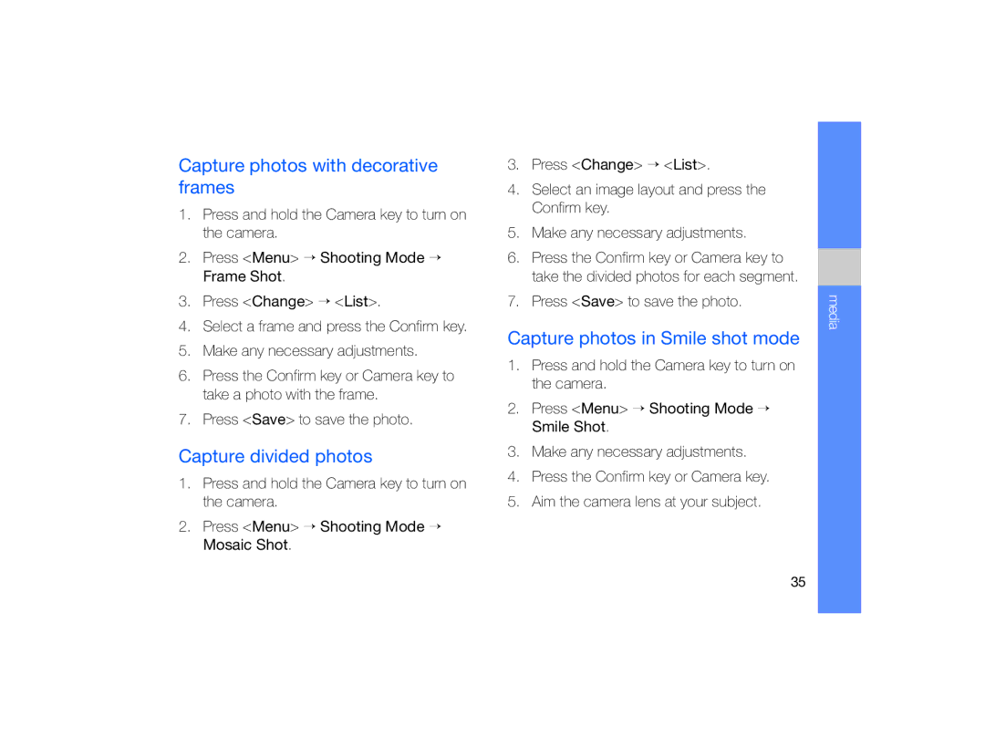 Samsung GT-B7330 Capture photos with decorative frames, Capture divided photos, Capture photos in Smile shot mode, Media 
