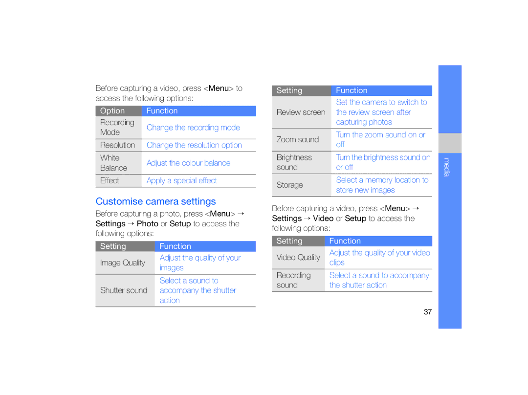 Samsung GT-B7330 user manual Customise camera settings, Setting Function 