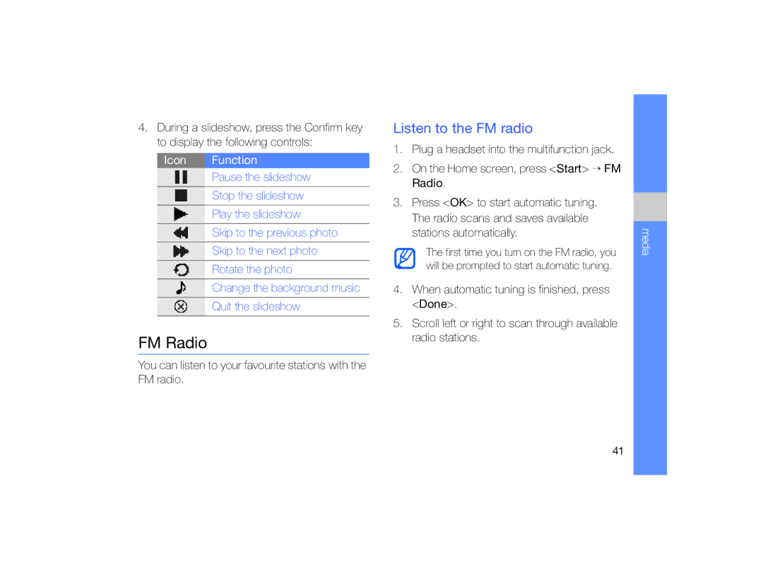 Samsung GT-B7330 user manual FM Radio, Listen to the FM radio, Icon Function 