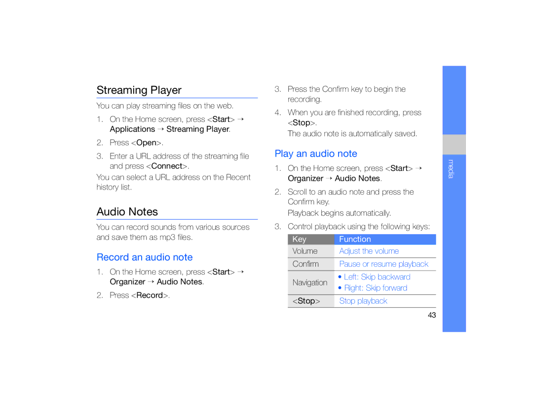 Samsung GT-B7330 user manual Streaming Player, Audio Notes, Record an audio note, Play an audio note 