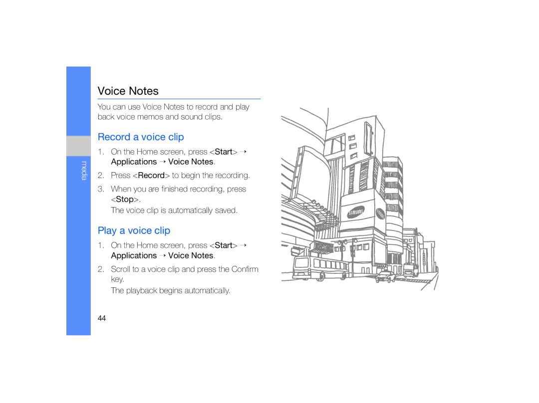 Samsung GT-B7330 user manual Voice Notes, Record a voice clip, Play a voice clip 