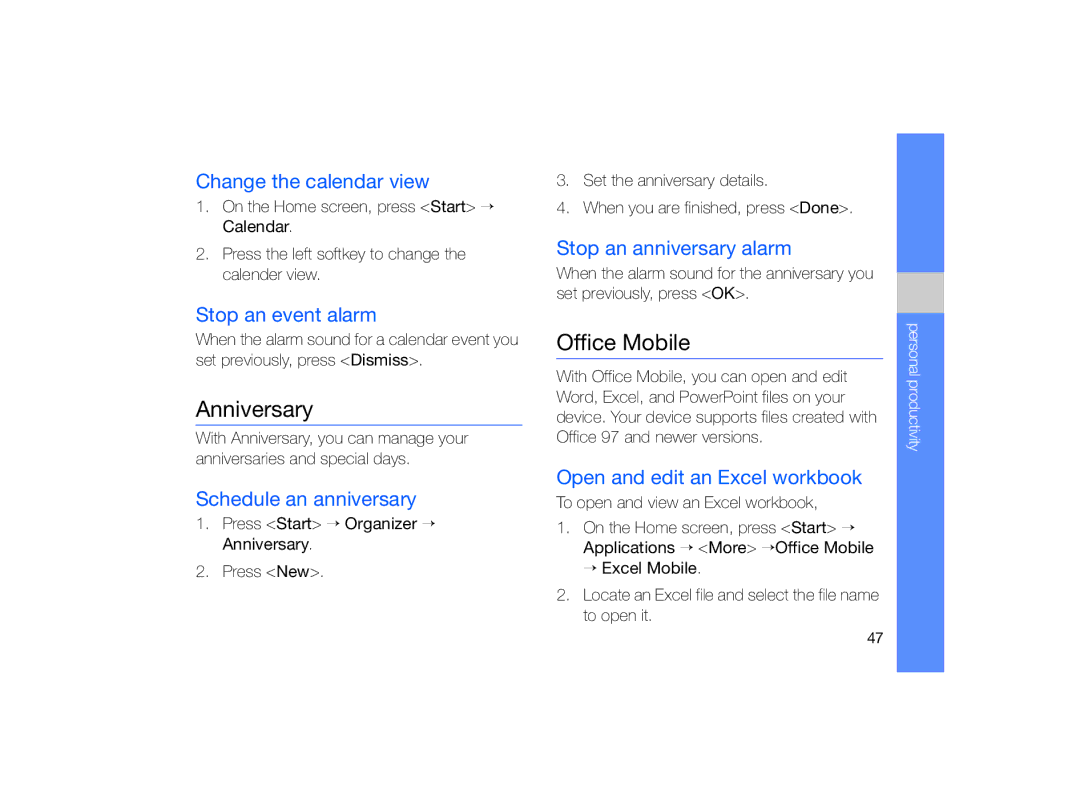 Samsung GT-B7330 user manual Anniversary, Office Mobile 