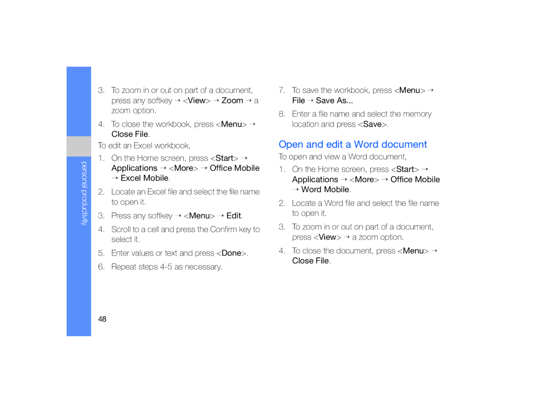 Samsung GT-B7330 user manual Open and edit a Word document 