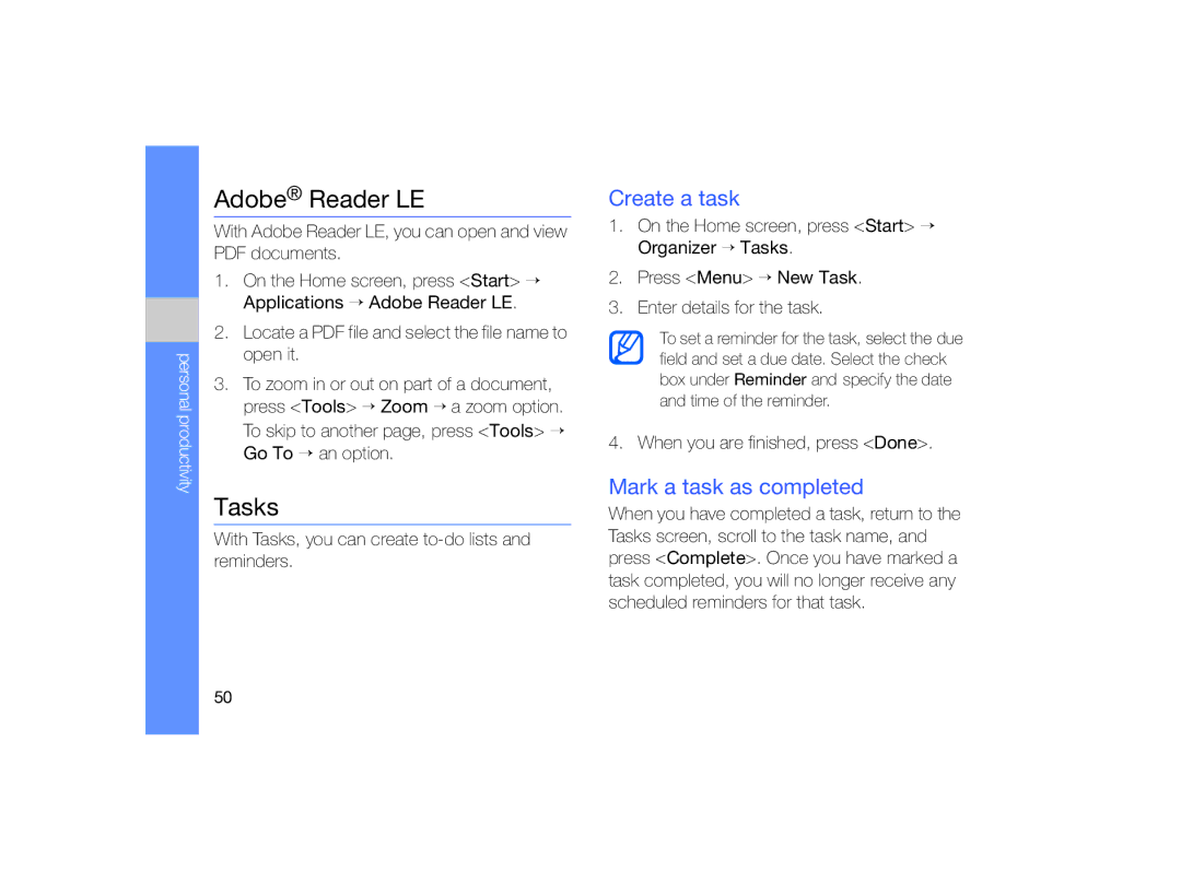 Samsung GT-B7330 user manual Adobe Reader LE, Tasks, Create a task, Mark a task as completed 