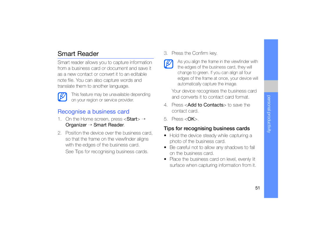 Samsung GT-B7330 user manual Smart Reader, Recognise a business card, Tips for recognising business cards 