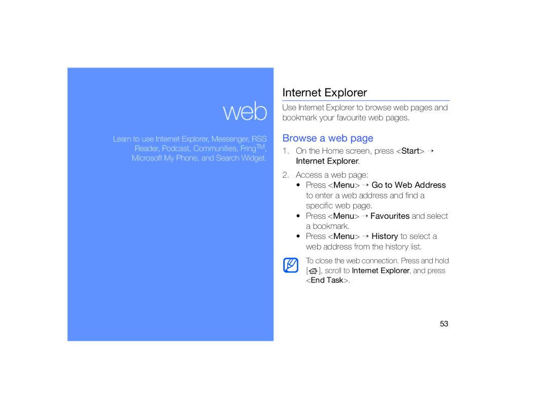 Samsung GT-B7330 user manual Internet Explorer, Browse a web 