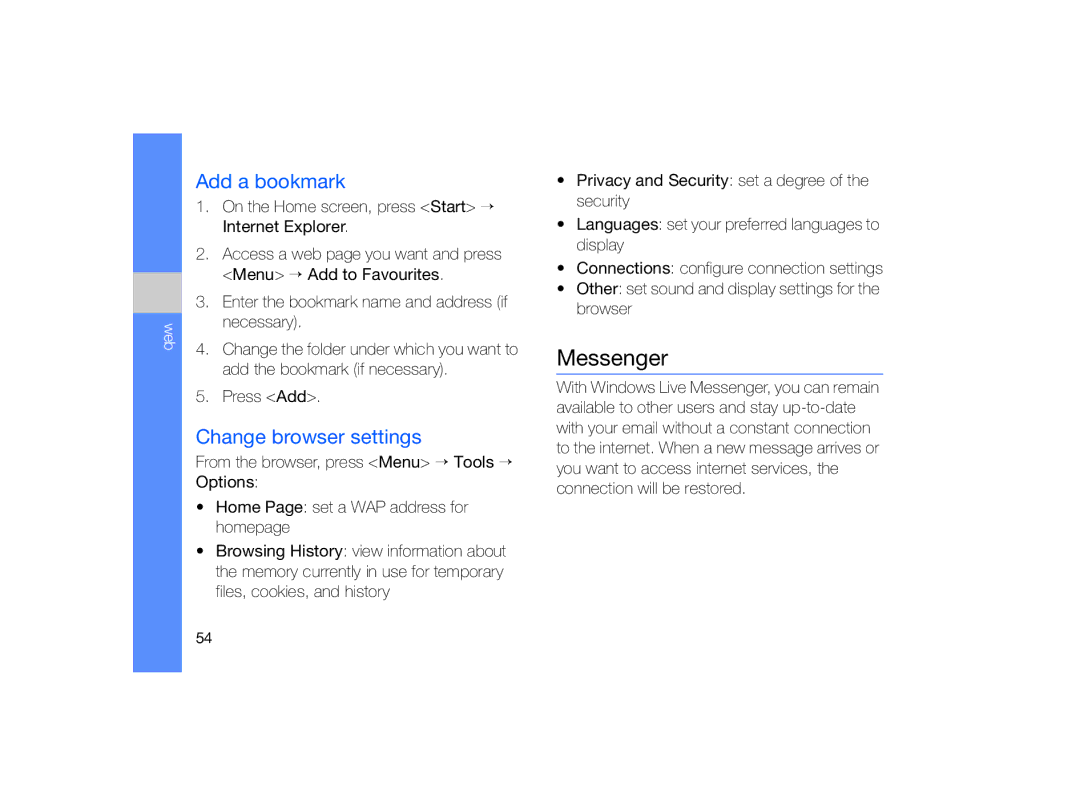 Samsung GT-B7330 user manual Messenger, Add a bookmark, Change browser settings, Web 