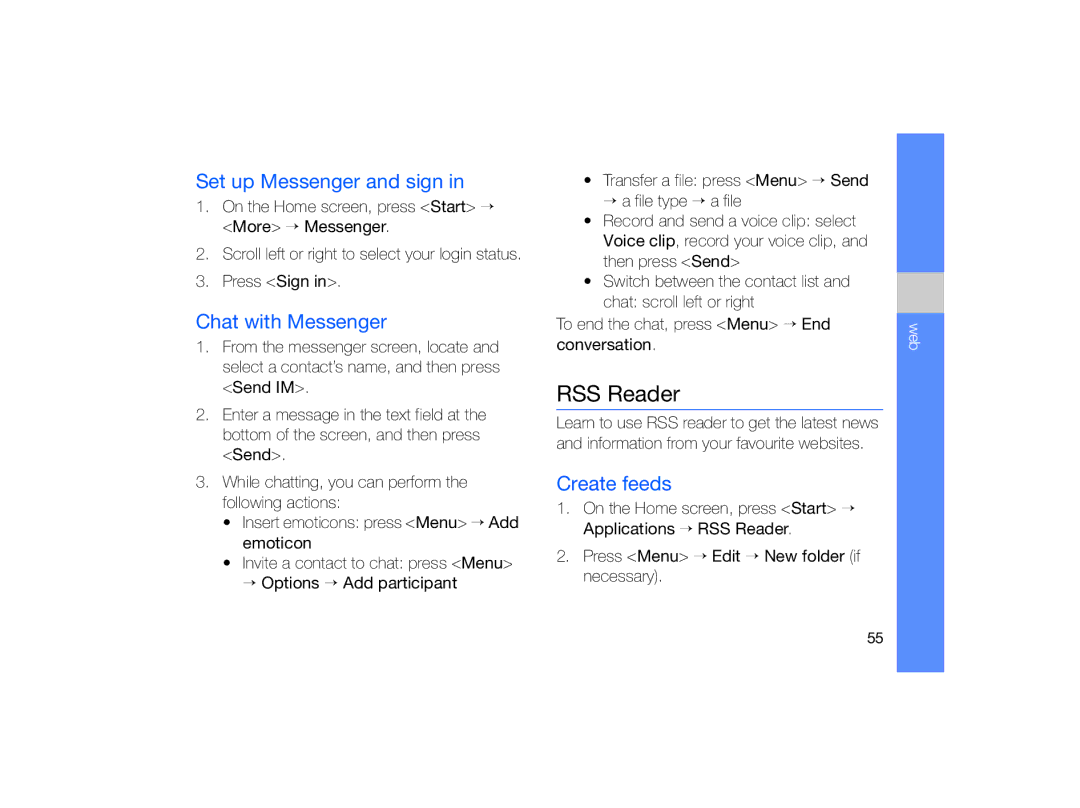 Samsung GT-B7330 user manual RSS Reader, Set up Messenger and sign, Chat with Messenger, Create feeds 