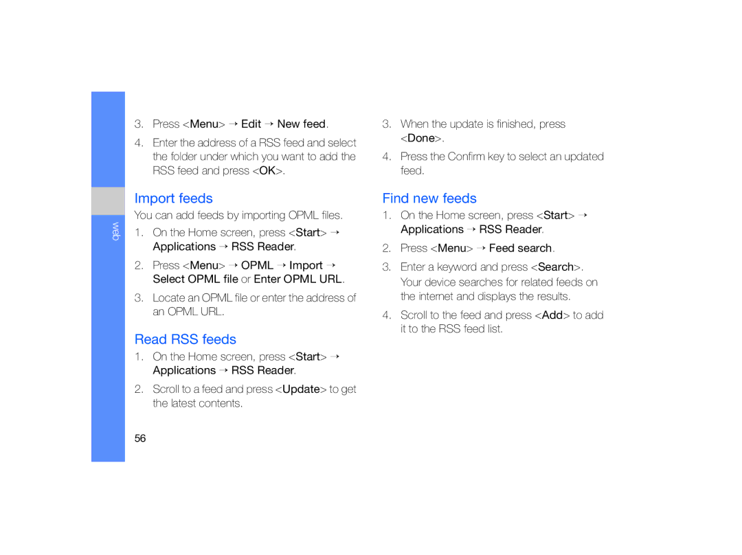 Samsung GT-B7330 user manual Import feeds, Read RSS feeds, Find new feeds 