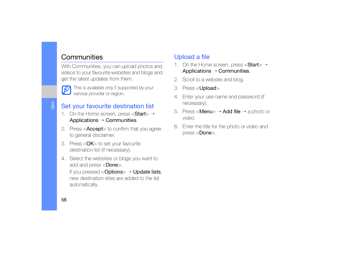 Samsung GT-B7330 user manual Communities, Set your favourite destination list, Upload a file 