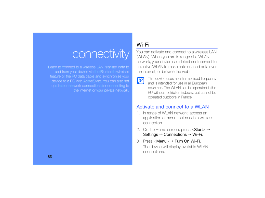 Samsung GT-B7330 user manual Wi-Fi, Activate and connect to a Wlan 