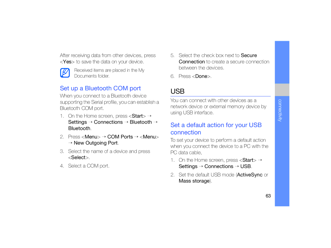 Samsung GT-B7330 user manual Set up a Bluetooth COM port, Set a default action for your USB connection 