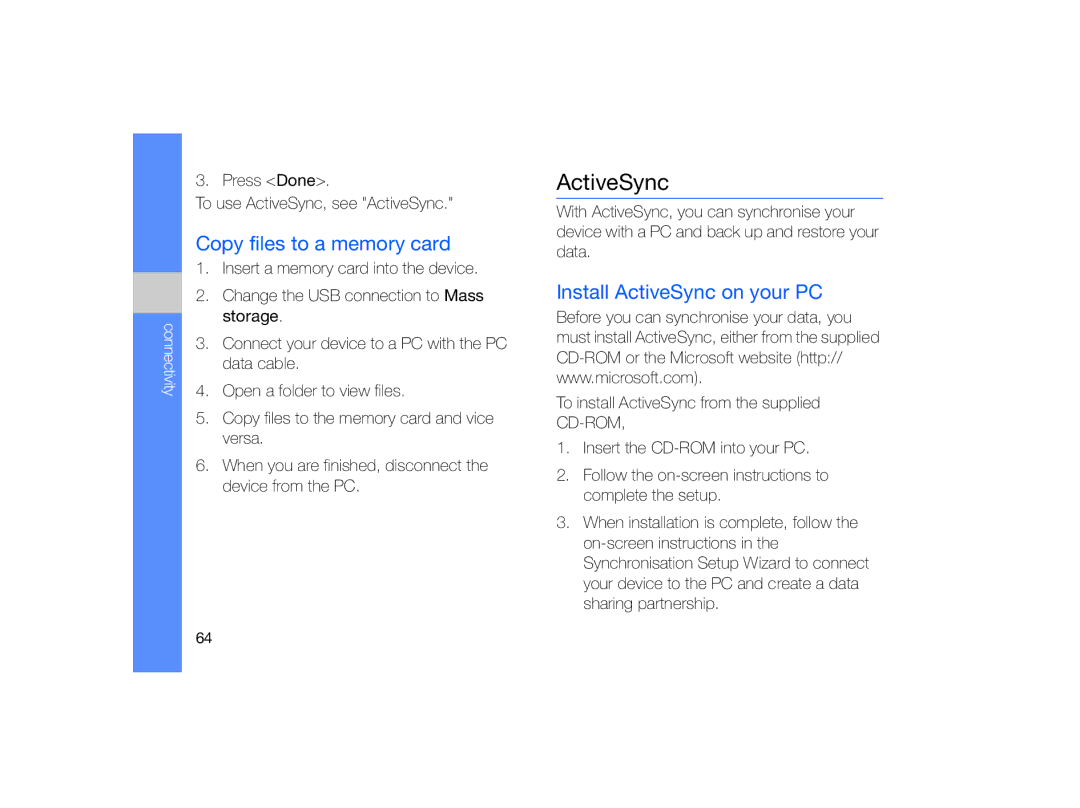 Samsung GT-B7330 user manual Copy files to a memory card, Install ActiveSync on your PC 