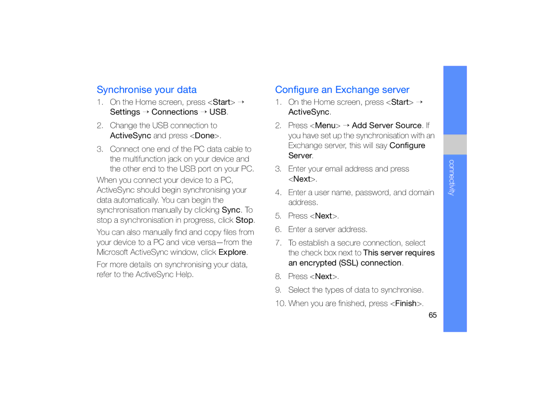 Samsung GT-B7330 user manual Synchronise your data, Configure an Exchange server 