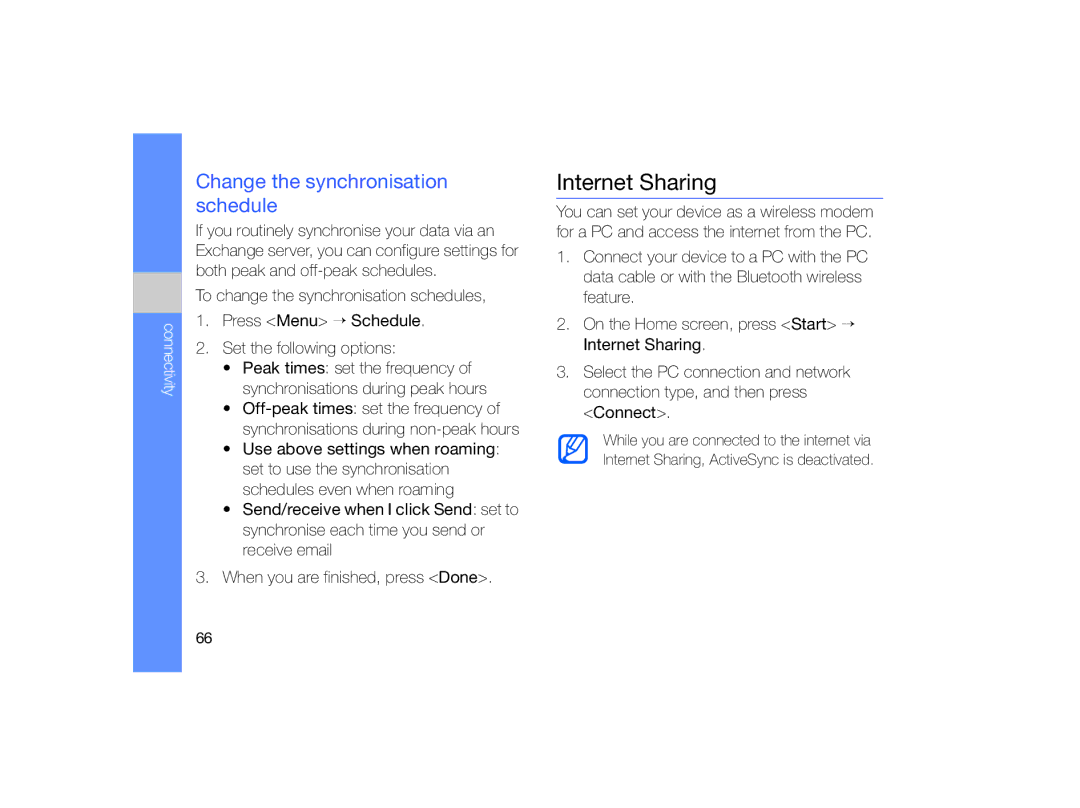 Samsung GT-B7330 user manual Internet Sharing, Change the synchronisation schedule 