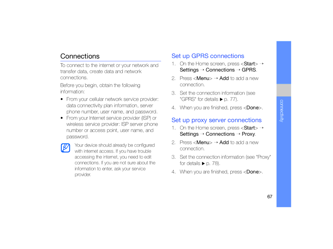 Samsung GT-B7330 user manual Connections, Set up Gprs connections, Set up proxy server connections 